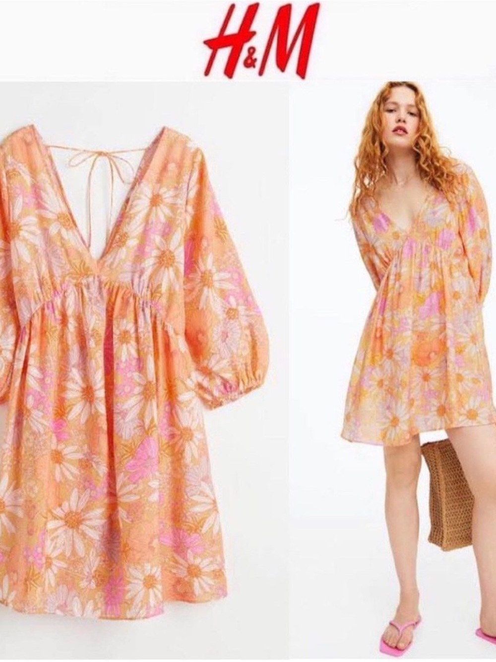 H&M Orange and Pink Floral V-Neck Swim Coverup